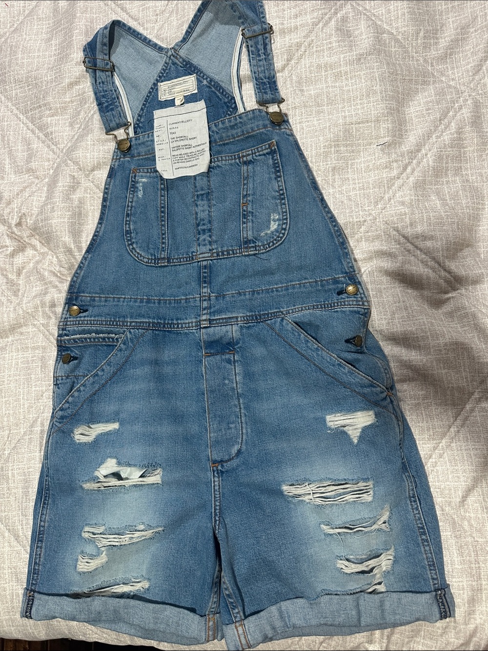 Current/Elliott Light Blue Distressed Denim Short Overalls